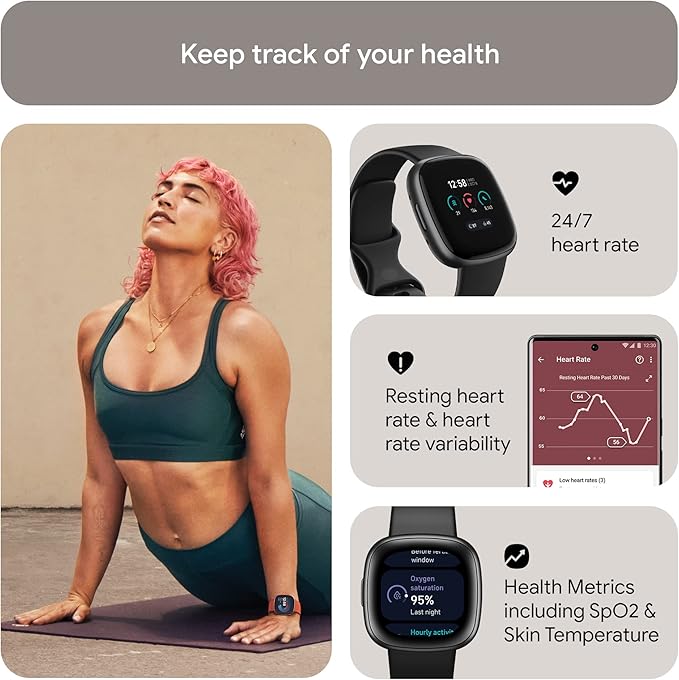 Fitbit Versa 4 Fitness Smartwatch with Daily Readiness, GPS, 24/7 Heart Rate, 40+ Exercise Modes, Sleep Tracking and more, Black/Graphite, One Size (S & L Bands Included)