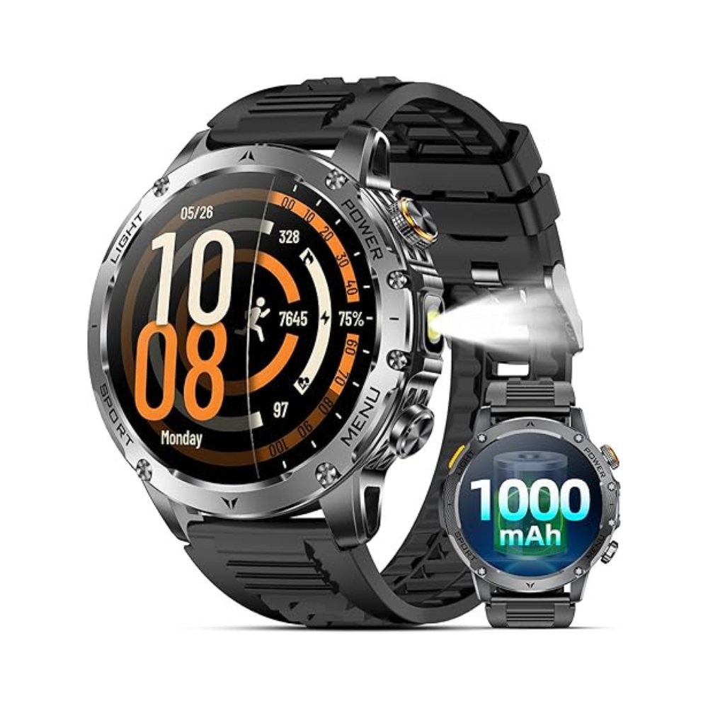 Military Smart Watches for Men 1000 mAh Battery, Led Flashlight, Answer/Make Calls Sport Modes Fitness Watch for Android/iPhone